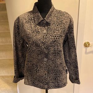 CHICO’S DESIGN Animal print black and tan jean jacket in size 2. (Large or a 12)